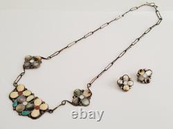 Old VTG Native American Zuni Sterling Silver Stone Shell Flower Jewelry Set