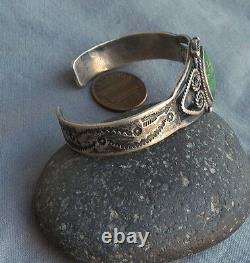 Old Vintage Fred Harvey Era Silver Green Turquoise Cuff Bracelet Rams Heads