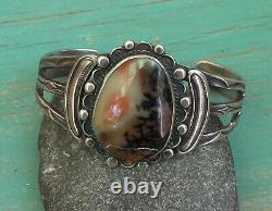 Old Vintage Fred Harvey Era Silver Stamped Agate or Petrified Wood Cuff Bracelet