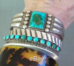 Old Vintage Fred Harvey Era Silver Stamped Rectangular Turquoise Cuff Bracelet