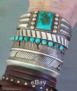 Old Vintage Fred Harvey Era Silver Stamped Rectangular Turquoise Cuff Bracelet