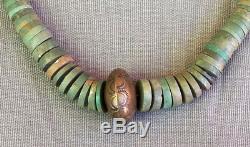 Old Vintage Graduated Green Turquoise Heishi Necklace w Big Brass Stamped Bead