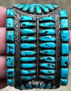 Old Vintage NAVAJO / ZUNI Sterling Silver Turqouise Cluster Cuff Bracelet