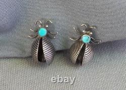 Old Vintage Native American Handmade Sterling Turquoise Bug Screwback Earrings