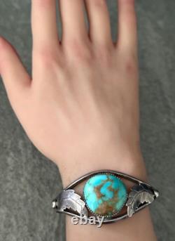 Old Vintage Native American Navajo BIG Turquoise GEM CARINATED Sterling Bracelet