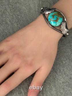 Old Vintage Native American Navajo BIG Turquoise GEM CARINATED Sterling Bracelet