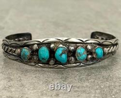 Old Vintage Native American Navajo HAND CUT Turquoise Sterling Bracelet 6.75 in