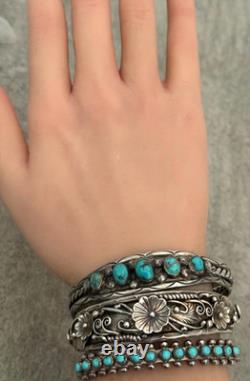 Old Vintage Native American Navajo HAND CUT Turquoise Sterling Bracelet 6.75 in
