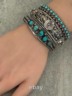 Old Vintage Native American Navajo HAND CUT Turquoise Sterling Bracelet 6.75 in