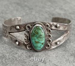 Old Vintage Native American Navajo Handmade Turquoise Sterling Bracelet SIGNED