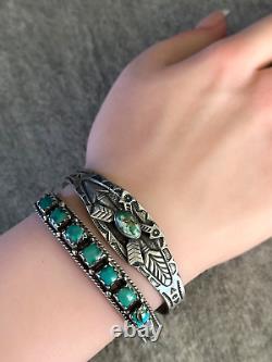 Old Vintage Native American Navajo Square Turquoise Row Sterling silver Bracelet