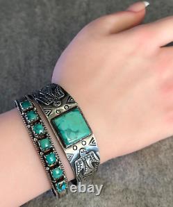 Old Vintage Native American Navajo Square Turquoise Row Sterling silver Bracelet