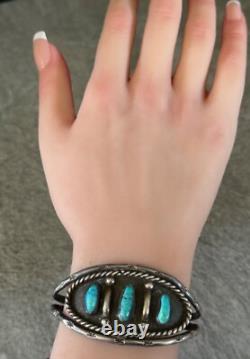 Old Vintage Native American Navajo THREE Turquoise Sterling silver Bracelet