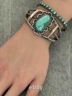 Old Vintage Native American Navajo Turquoise CARINATED Silver Bracelet 36+g