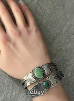 Old Vintage Native American Navajo Turquoise FINELY STAMPED Sterling Bracelet