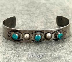 Old Vintage Native American Navajo Turquoise STAMPED Sterling Bracelet 6.5 in