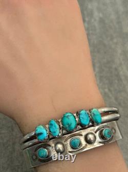 Old Vintage Native American Navajo Turquoise STAMPED Sterling Bracelet 6.5 in