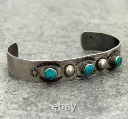 Old Vintage Native American Navajo Turquoise STAMPED Sterling Bracelet 6.5 in