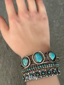 Old Vintage Native American Navajo Turquoise Shadowbox Sterling LARGE Bracelet