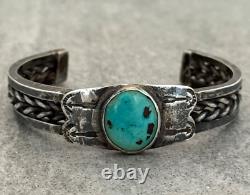 Old Vintage Native American Navajo Turquoise Twisted Rope Sterling Bracelet