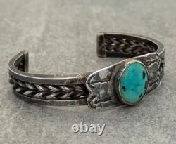 Old Vintage Native American Navajo Turquoise Twisted Rope Sterling Bracelet