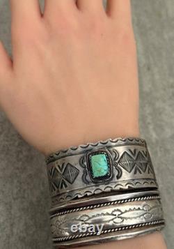 Old Vintage Native American Navajo Turquoise WIDE Silver Bracelet 6.5 In