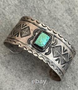 Old Vintage Native American Navajo Turquoise WIDE Silver Bracelet 6.5 In
