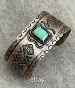 Old Vintage Native American Navajo Turquoise WIDE Silver Bracelet 6.5 In