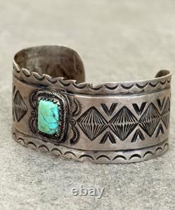 Old Vintage Native American Navajo Turquoise WIDE Silver Bracelet 6.5 In