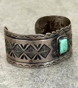 Old Vintage Native American Navajo Turquoise WIDE Silver Bracelet 6.5 In