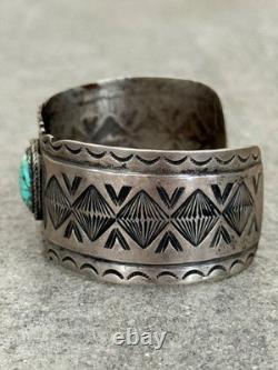 Old Vintage Native American Navajo Turquoise WIDE Silver Bracelet 6.5 In