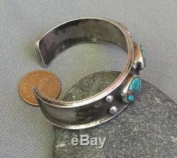 Old Vintage Native American Silver 3 Blue Green Turquoise Row Cuff Bracelet Sm