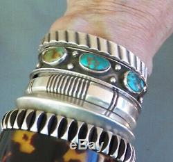 Old Vintage Native American Silver 3 Blue Green Turquoise Row Cuff Bracelet Sm