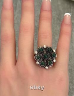Old Vintage Native American ZUNI Green Turquoise Flower Cluster Ring Size 8