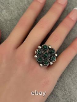 Old Vintage Native American ZUNI Green Turquoise Flower Cluster Ring Size 8