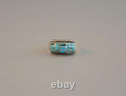 Old Vtg Zuni Indian Silver Ring Beautifully Inlaid Turquoise Size 8