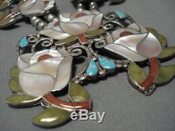 One Of Best Vintage Zuni Turquoise Inlay Sterling Silver Squash Blossom Necklace