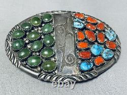 One Of The Most Unique Vintage Navajo Turquoise Coral Sterling Silver Buckle