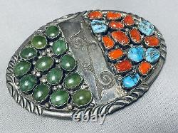 One Of The Most Unique Vintage Navajo Turquoise Coral Sterling Silver Buckle