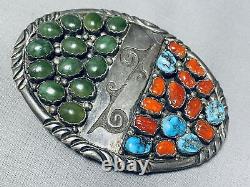 One Of The Most Unique Vintage Navajo Turquoise Coral Sterling Silver Buckle