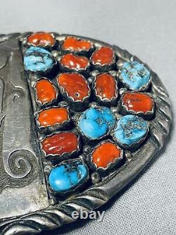 One Of The Most Unique Vintage Navajo Turquoise Coral Sterling Silver Buckle