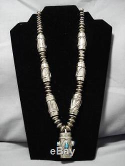 Opulent Vintage Navajo Sterling Silver Turquoise Drum Necklace Old