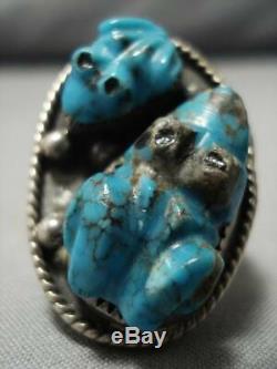 Opulent Vintage Zuni Navajo Turquoise Frog Fetish Sterling Silver Ring Old