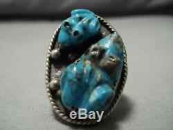 Opulent Vintage Zuni Navajo Turquoise Frog Fetish Sterling Silver Ring Old