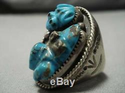 Opulent Vintage Zuni Navajo Turquoise Frog Fetish Sterling Silver Ring Old