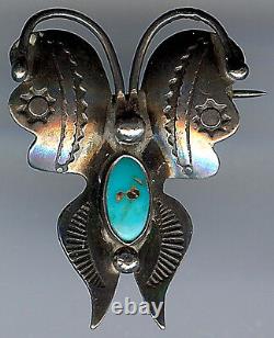 Petite Vintage Navajo Indian Silver & Turquoise Butterfly Pin Brooch