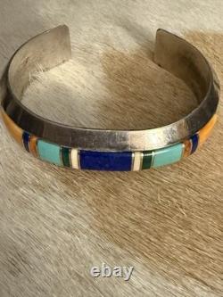 Quality Heavy Vintage Navajo Coral Turquoise Sterling Silver Lapis Bracelet