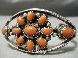 Quality Vintage Navajo Flower Coral Sterling Silver Bracelet Old