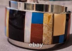 RARE HM Vtg Native American Multi-Stone Inlay Sterling Silver Cuff Bracelet