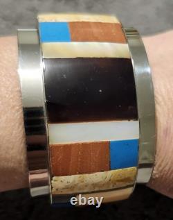 RARE HM Vtg Native American Multi-Stone Inlay Sterling Silver Cuff Bracelet